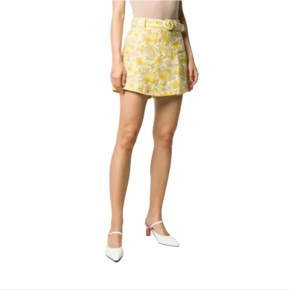 Faithfull the Brand Celia Floral Print Belted Shorts Linen Yellow NWT Size XS
