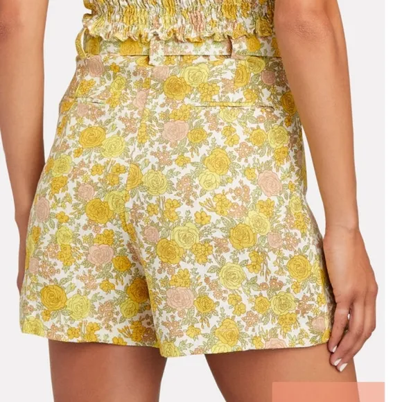 Faithfull the Brand Celia Floral Print Belted Shorts Linen Yellow NWT Size XS