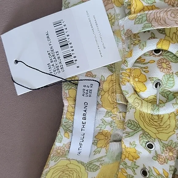 Faithfull the Brand Celia Floral Print Belted Shorts Linen Yellow NWT Size XS