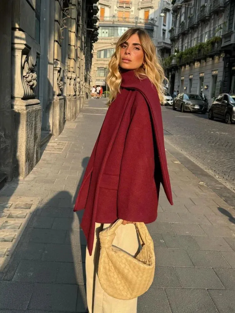 Fashion Burgundy Red Woolen Suit Jacket With Scarf Collar Women Chic Oversized Flip Pockets Solid Coats Lady Streetwear