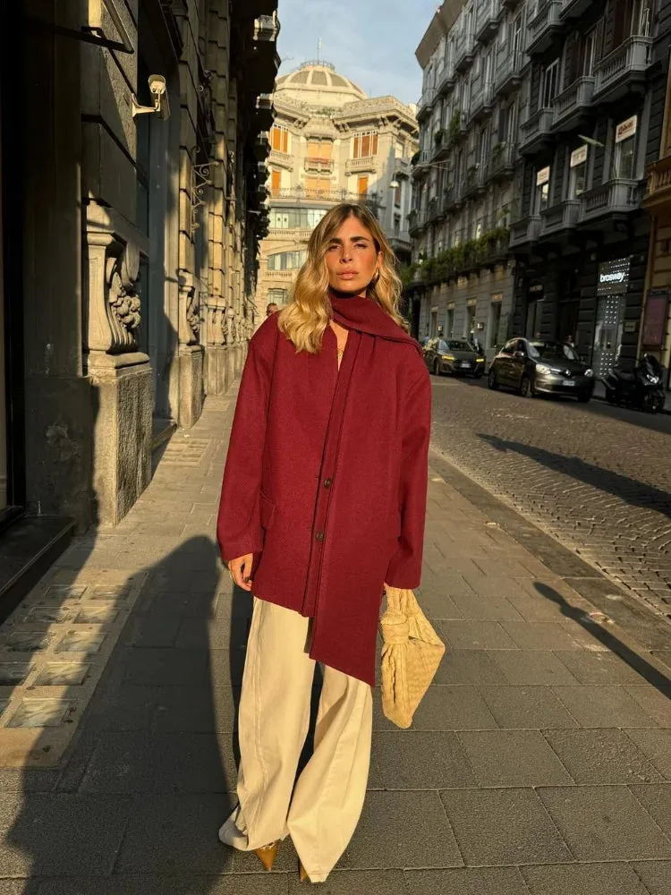 Fashion Burgundy Red Woolen Suit Jacket With Scarf Collar Women Chic Oversized Flip Pockets Solid Coats Lady Streetwear