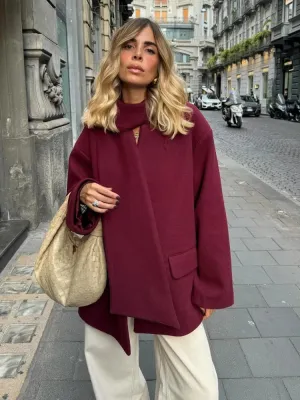 Fashion Burgundy Red Woolen Suit Jacket With Scarf Collar Women Chic Oversized Flip Pockets Solid Coats Lady Streetwear
