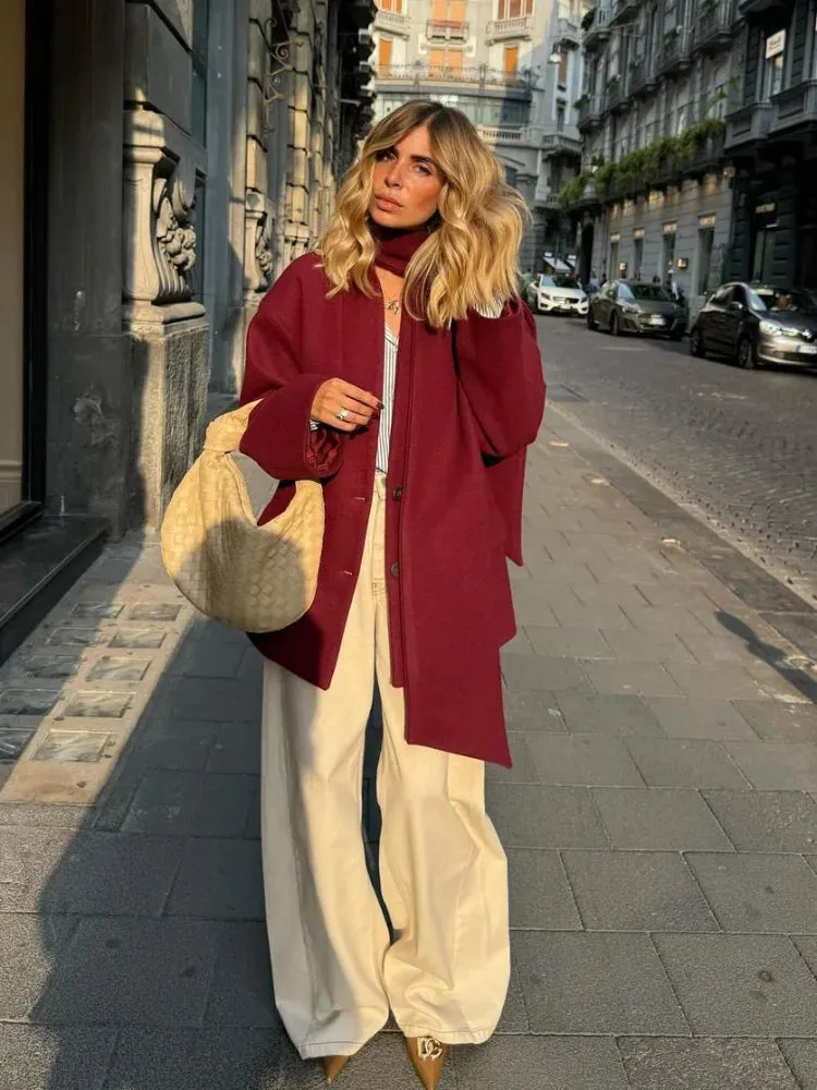 Fashion Burgundy Red Woolen Suit Jacket With Scarf Collar Women Chic Oversized Flip Pockets Solid Coats Lady Streetwear