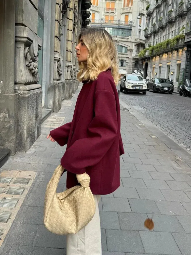 Fashion Burgundy Red Woolen Suit Jacket With Scarf Collar Women Chic Oversized Flip Pockets Solid Coats Lady Streetwear