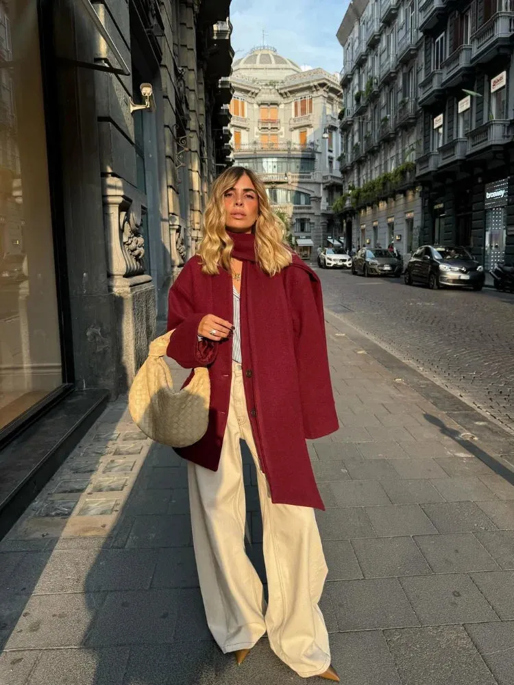 Fashion Burgundy Red Woolen Suit Jacket With Scarf Collar Women Chic Oversized Flip Pockets Solid Coats Lady Streetwear