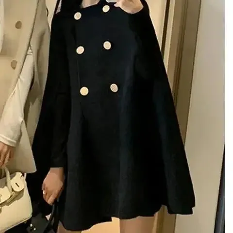 Fashion Woolen Poncho Coats for Women Autumn Winter Solid Cape Cloak Coat Loose Overcoat Female Double Breasted Lapel Jackets