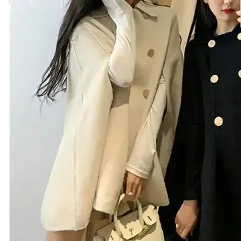 Fashion Woolen Poncho Coats for Women Autumn Winter Solid Cape Cloak Coat Loose Overcoat Female Double Breasted Lapel Jackets