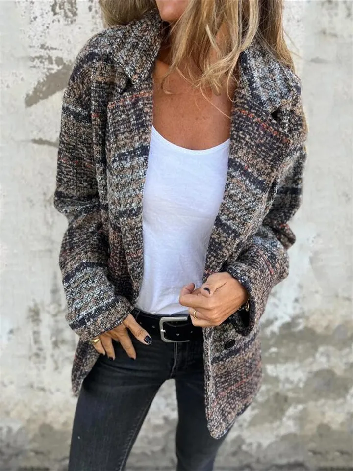 Female Vintage Plaid Autumn Loose Lapel Woolen Coat