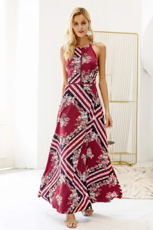 Floral Tiles Halter Maxi Dress - Red