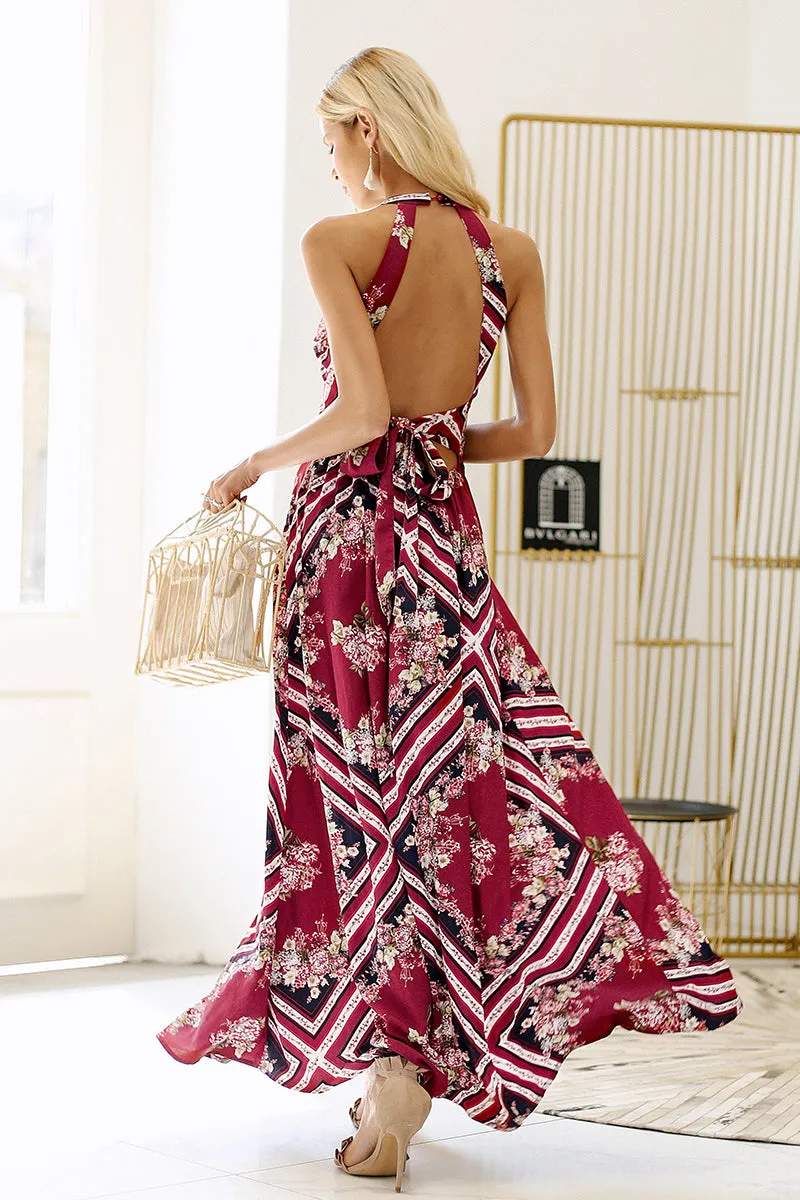 Floral Tiles Halter Maxi Dress - Red
