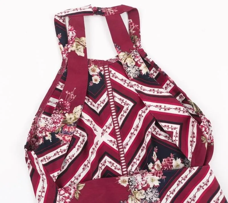 Floral Tiles Halter Maxi Dress - Red