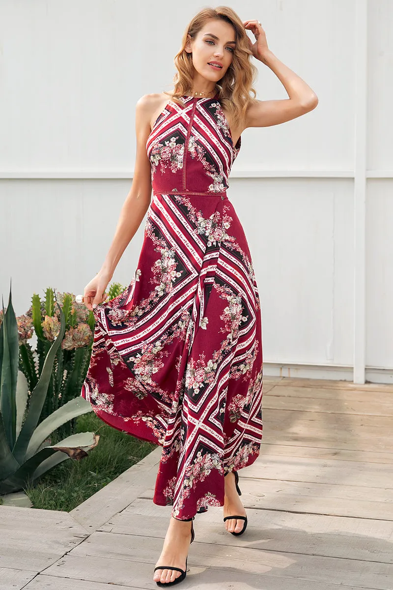 Floral Tiles Halter Maxi Dress - Red