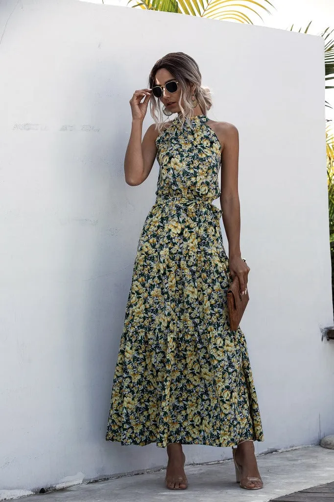 Floral Yellow Bohemian Boho Printed Hanging Neck Straps Maxi Dresses