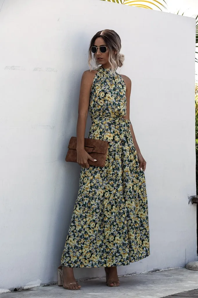 Floral Yellow Bohemian Boho Printed Hanging Neck Straps Maxi Dresses