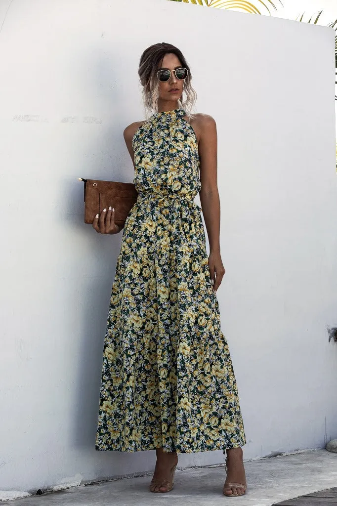 Floral Yellow Bohemian Boho Printed Hanging Neck Straps Maxi Dresses