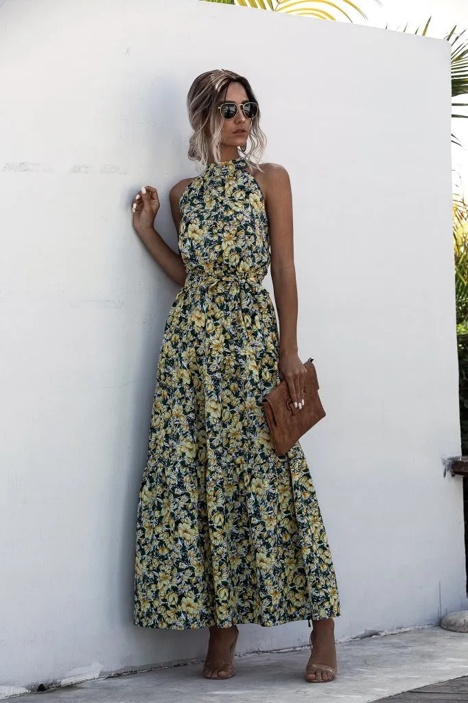 Floral Yellow Bohemian Boho Printed Hanging Neck Straps Maxi Dresses