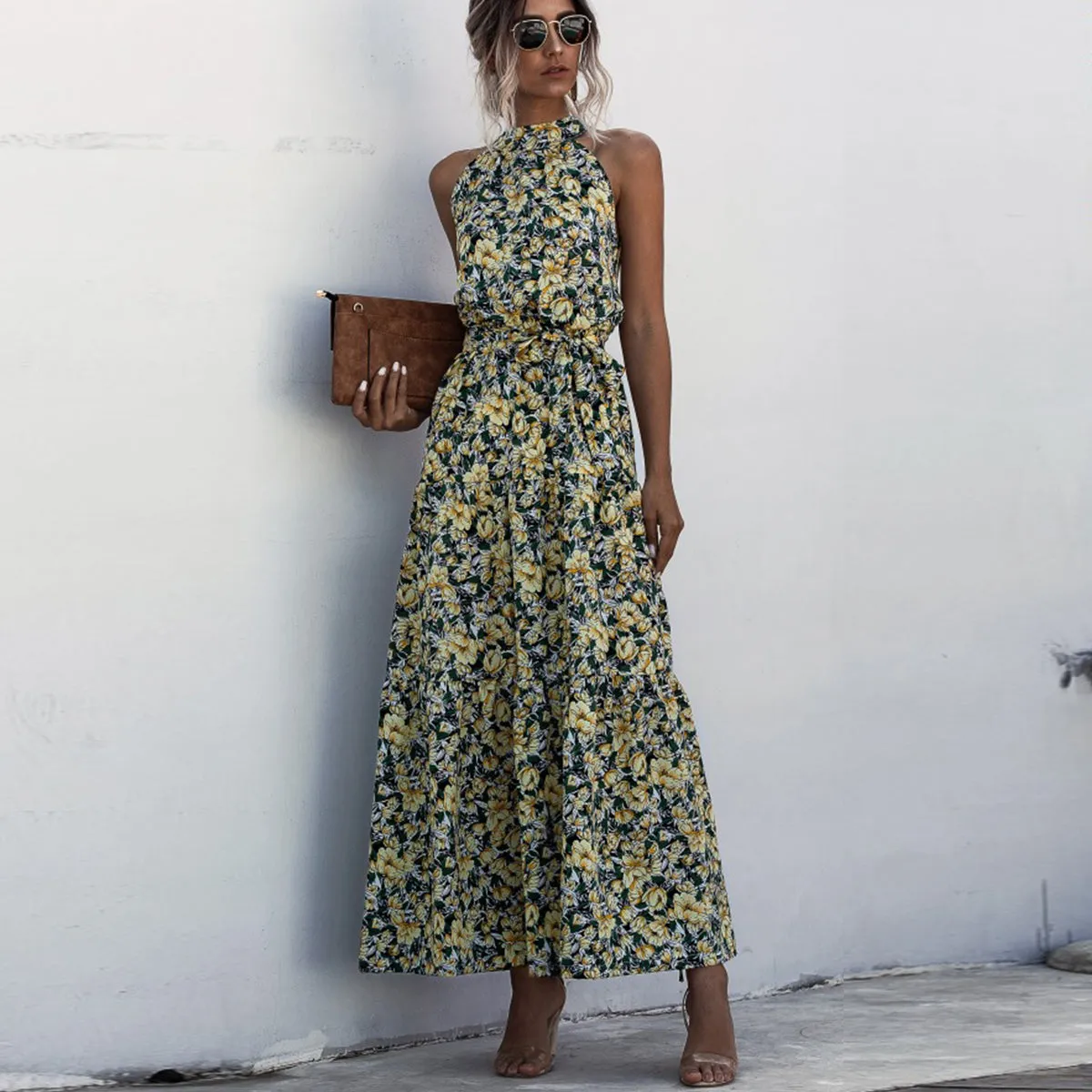 Floral Yellow Bohemian Boho Printed Hanging Neck Straps Maxi Dresses