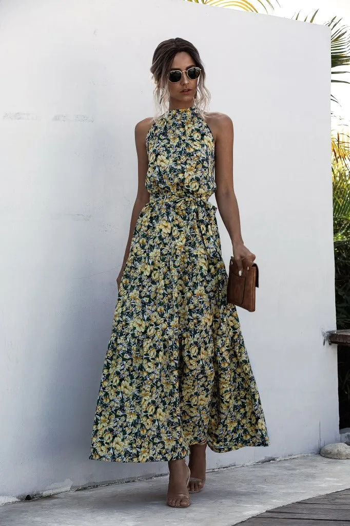 Floral Yellow Bohemian Boho Printed Hanging Neck Straps Maxi Dresses