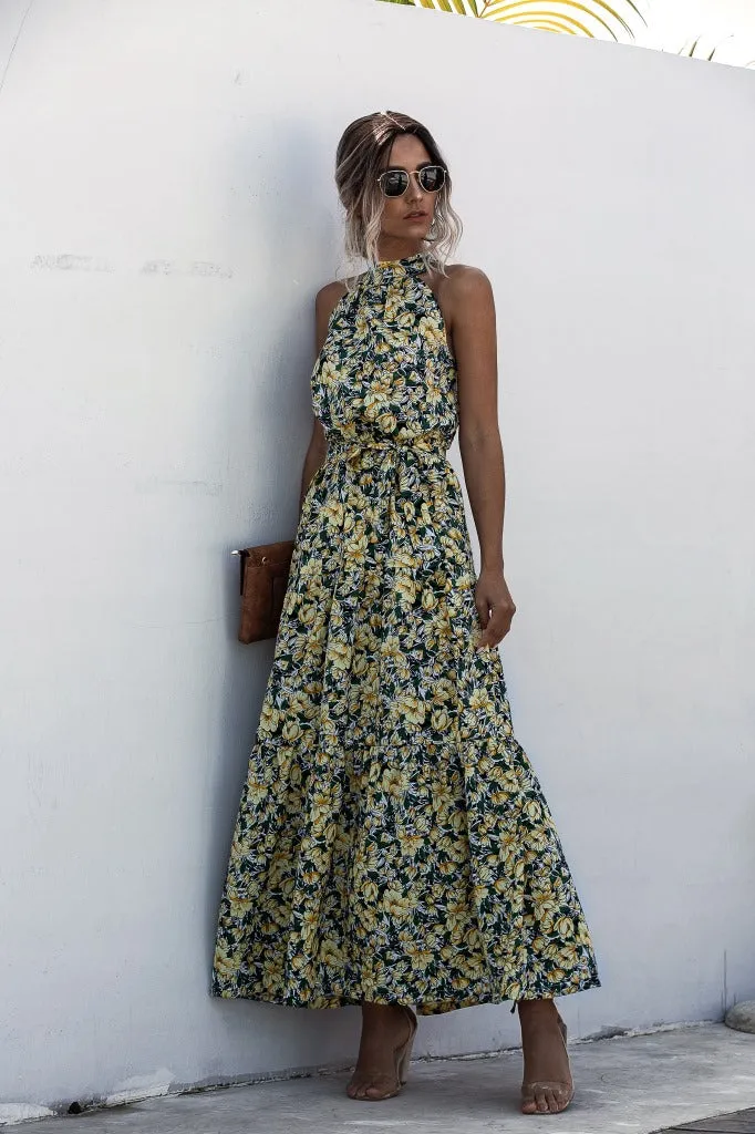 Floral Yellow Bohemian Boho Printed Hanging Neck Straps Maxi Dresses