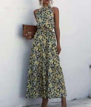 Floral Yellow Bohemian Boho Printed Hanging Neck Straps Maxi Dresses