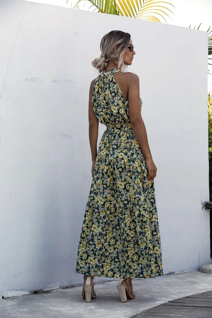 Floral Yellow Bohemian Boho Printed Hanging Neck Straps Maxi Dresses