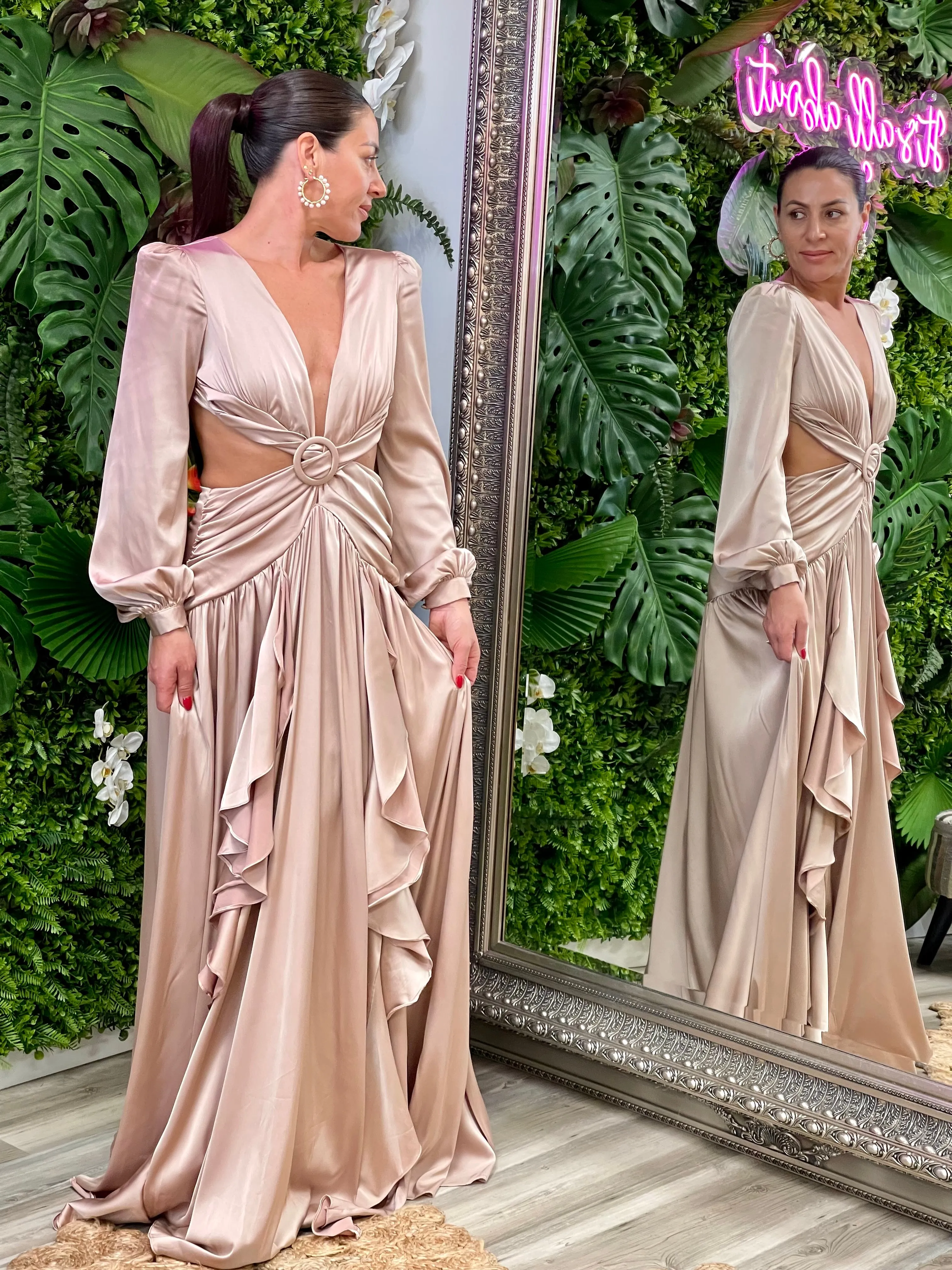 “Francesca ” Satin Long Sleeve With Ruffes Maxi Dress