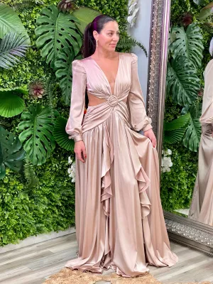 “Francesca ” Satin Long Sleeve With Ruffes Maxi Dress