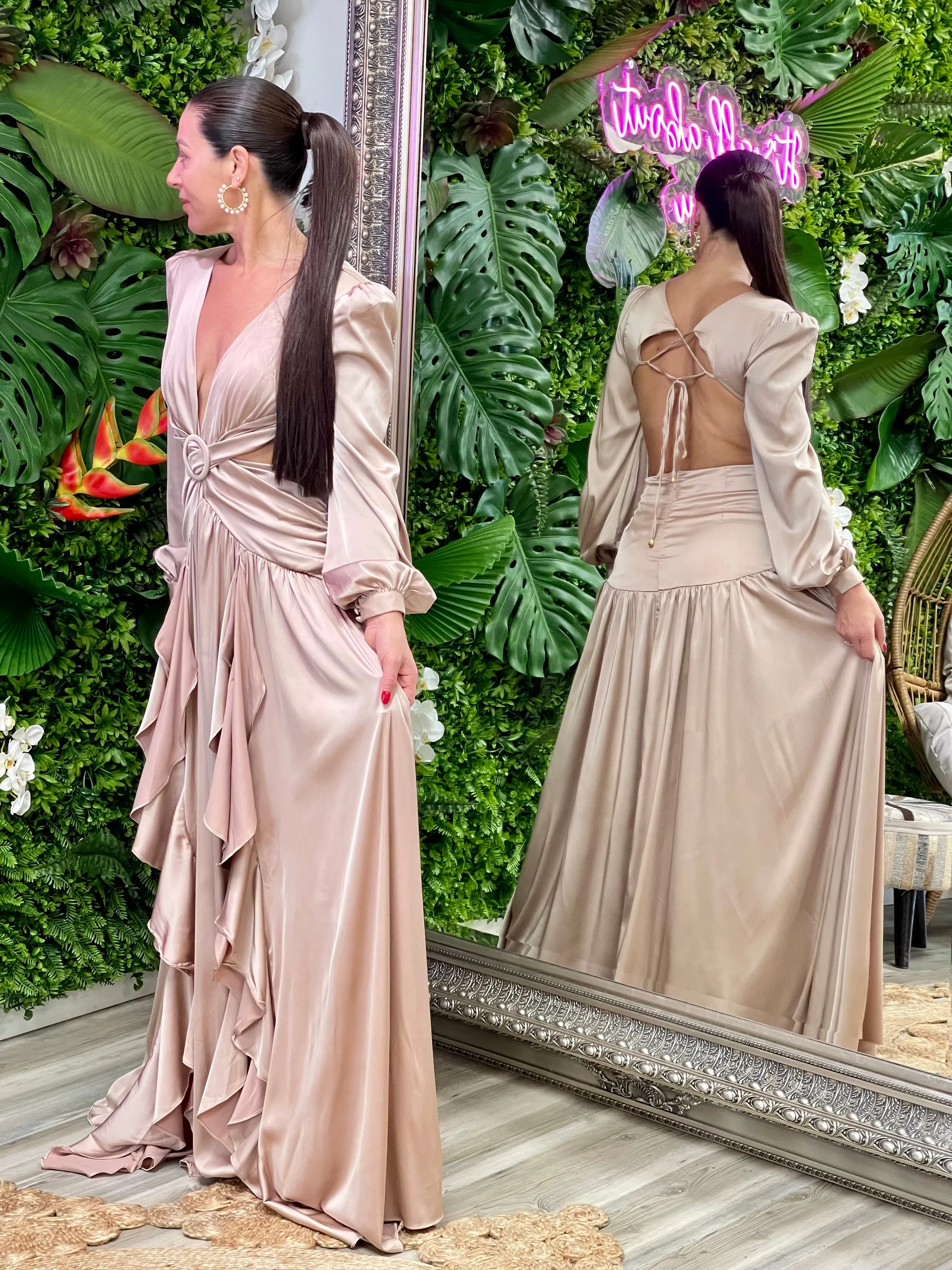 “Francesca ” Satin Long Sleeve With Ruffes Maxi Dress