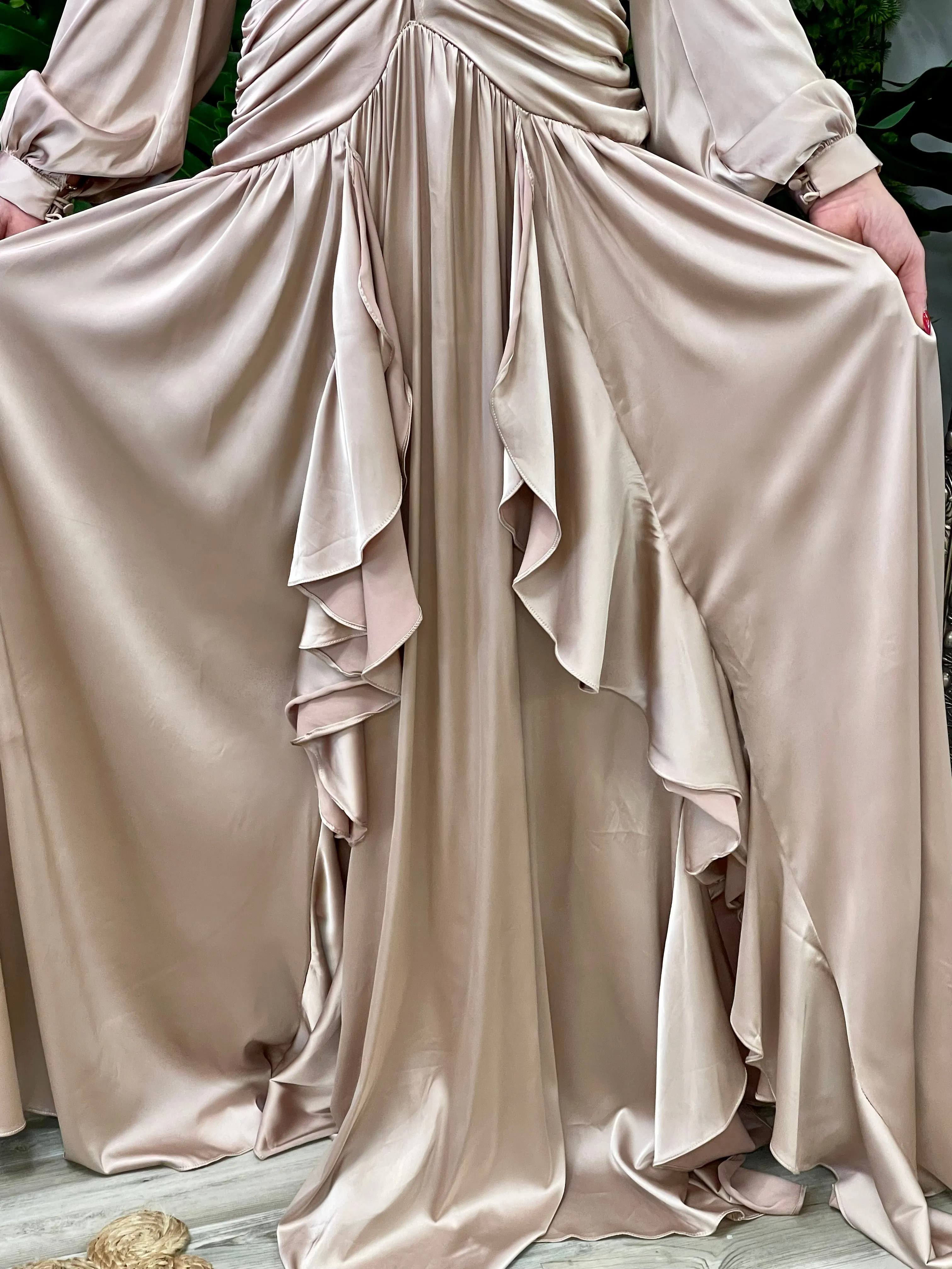 “Francesca ” Satin Long Sleeve With Ruffes Maxi Dress