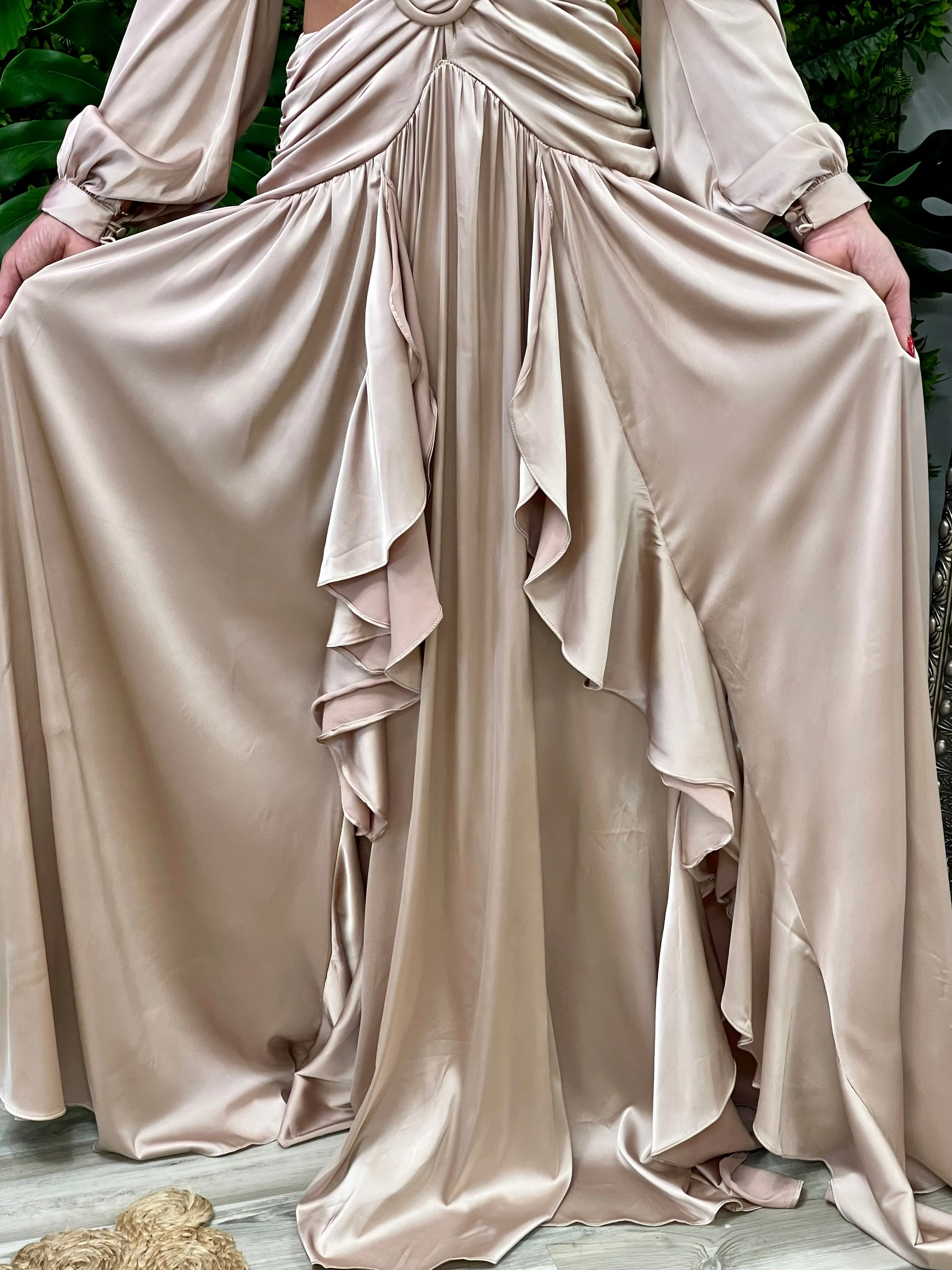 “Francesca ” Satin Long Sleeve With Ruffes Maxi Dress