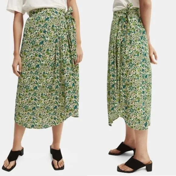 Free People x Scotch &amp; Soda Wrap Over Maxi Skirt Floral Print Green Size XS NWT