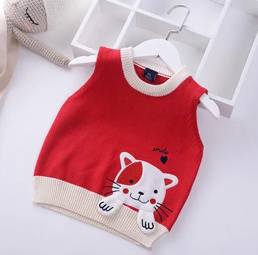 Girls Cartoon Embroidered Cat Knitted Vest - Pink, Red