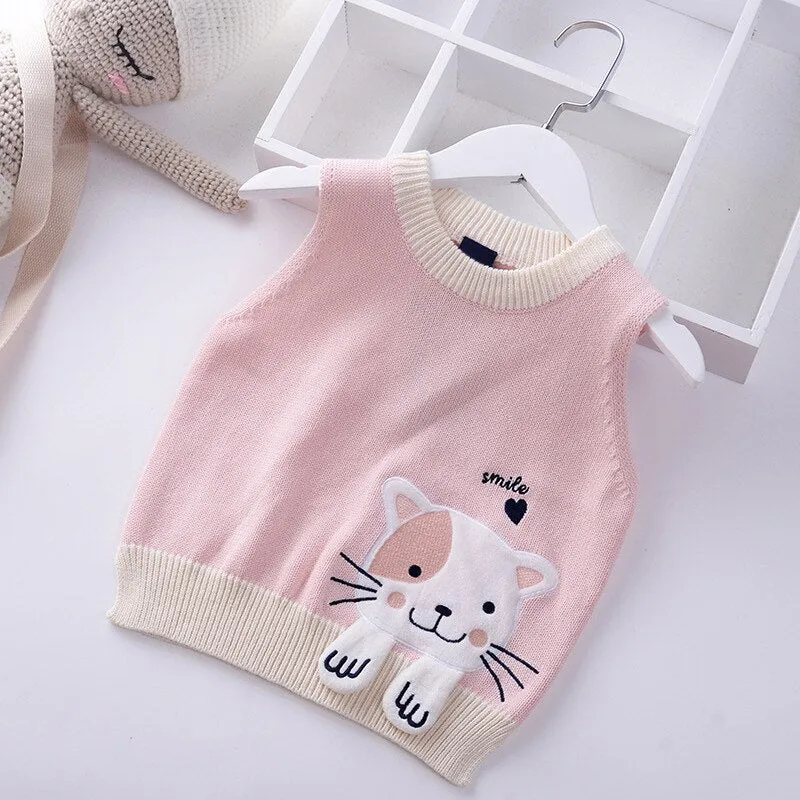 Girls Cartoon Embroidered Cat Knitted Vest - Pink, Red