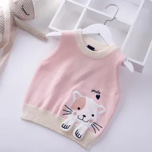 Girls Cartoon Embroidered Cat Knitted Vest - Pink, Red