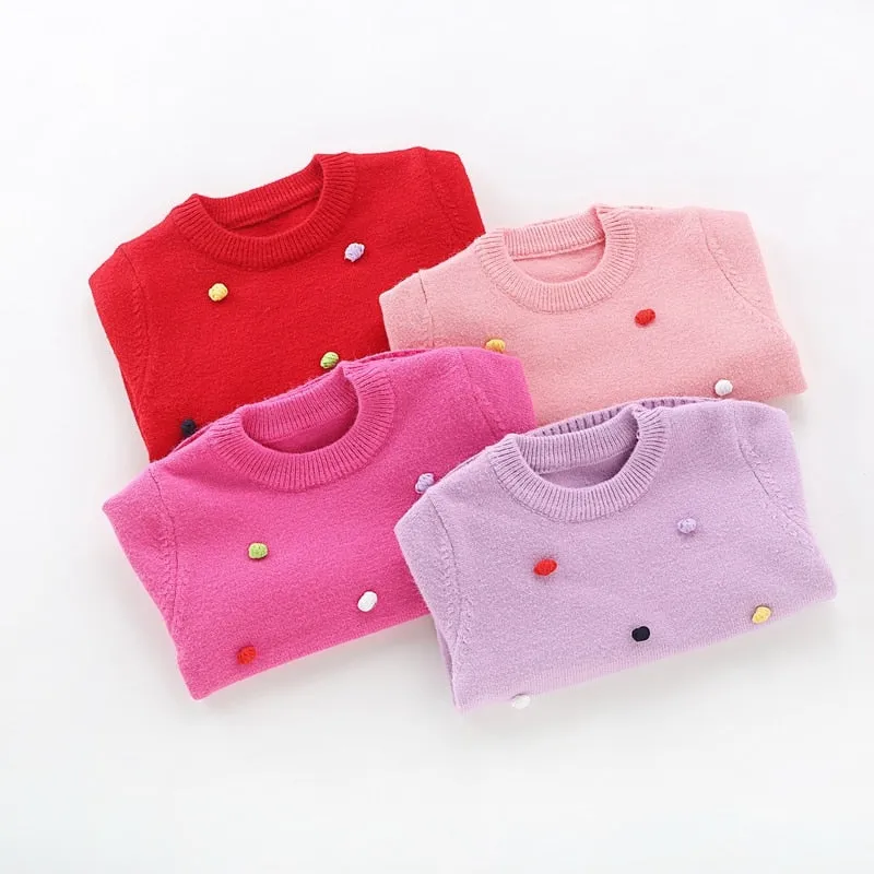 Girls' Sweater with Colourful Knitted Polka Dots - Violet, Pink, Hot Pink