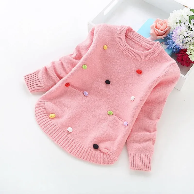 Girls' Sweater with Colourful Knitted Polka Dots - Violet, Pink, Hot Pink