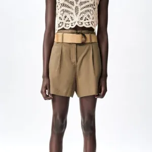 Green Zara Linen Blend High Waist Raffia Belt Shorts (NWT)