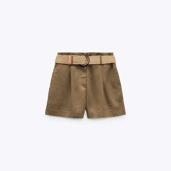 Green Zara Linen Blend High Waist Raffia Belt Shorts (NWT)