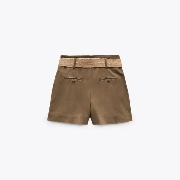 Green Zara Linen Blend High Waist Raffia Belt Shorts (NWT)