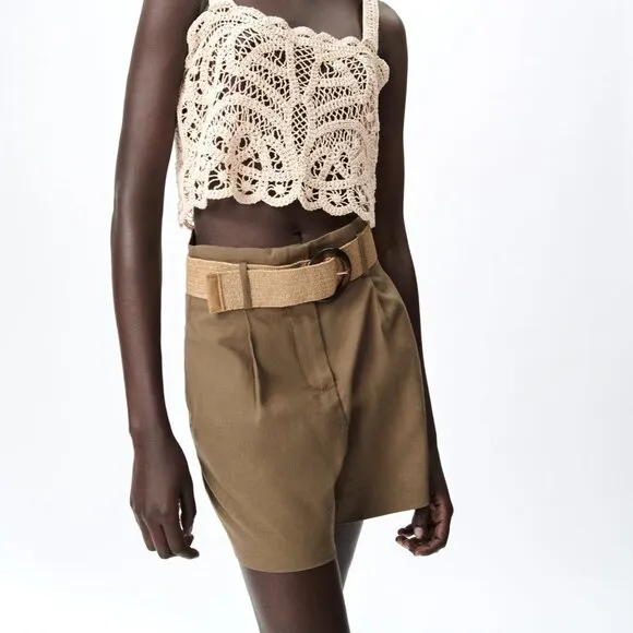Green Zara Linen Blend High Waist Raffia Belt Shorts (NWT)
