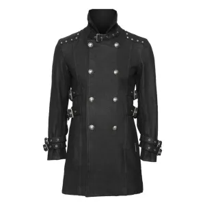 Handmade Men Gothic Coat Double-Breasted Wool Coat with Army-Inspired Stand Collar