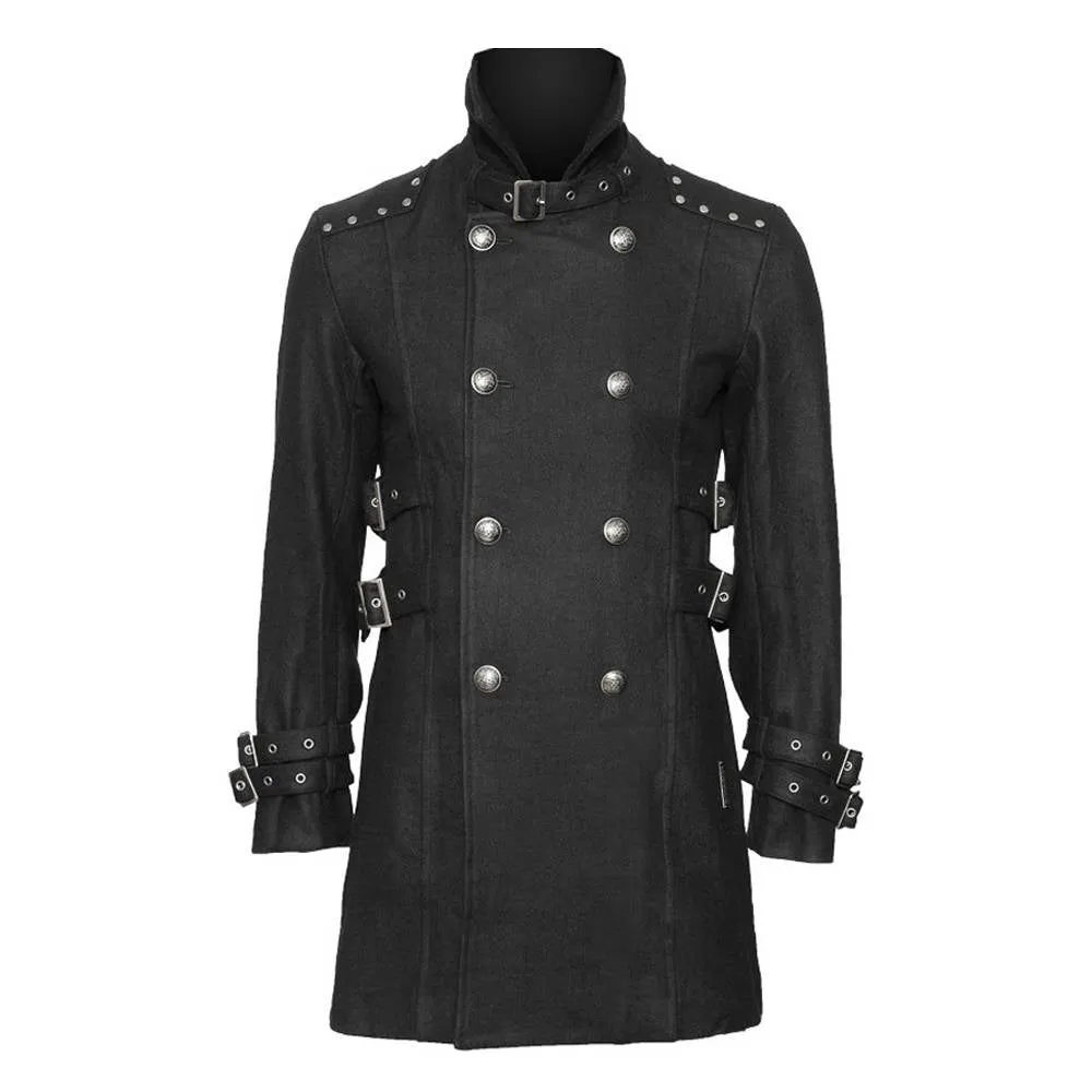 Handmade Men Gothic Coat Double-Breasted Wool Coat with Army-Inspired Stand Collar