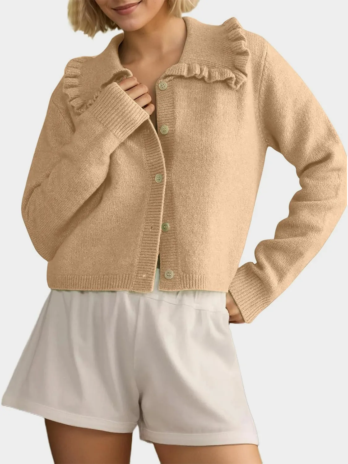Hazel Blues® |  Frill Button Up Collared Neck Long Sleeve Cardigan