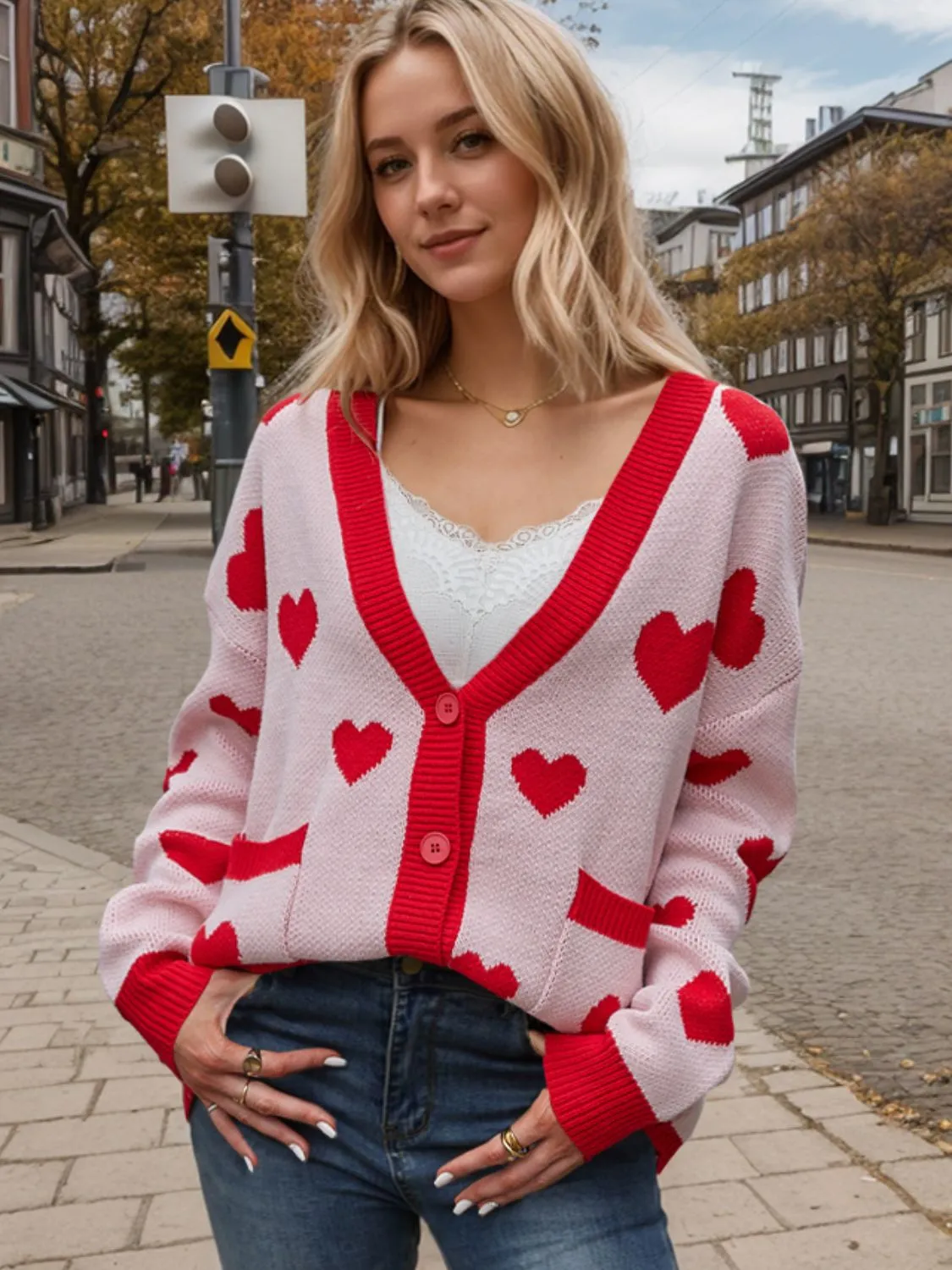 Hazel Blues® |  Heart Button Up Dropped Shoulder Long Sleeve Cardigan