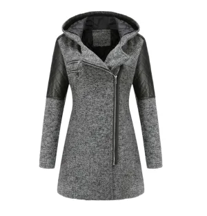 Hooded Woolen and Leather Patchwork Coat