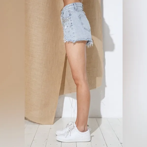 Jewel Embellished Frayed Denim Shorts