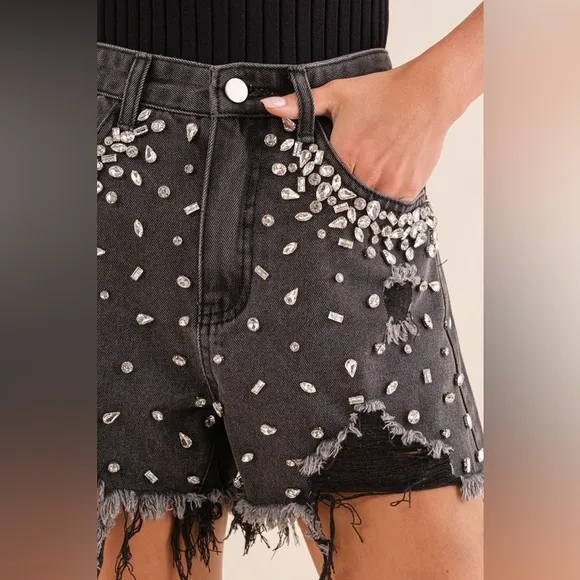 Jewel Embellished Frayed Denim Shorts