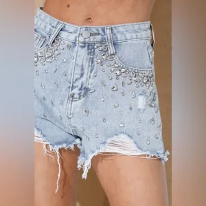 Jewel Embellished Frayed Denim Shorts