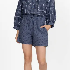 Johnny Was Los Angeles Blue Patched Ikat Linen Paperbag Shorts Boho Chic