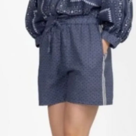 Johnny Was Los Angeles Blue Patched Ikat Linen Paperbag Shorts Boho Chic